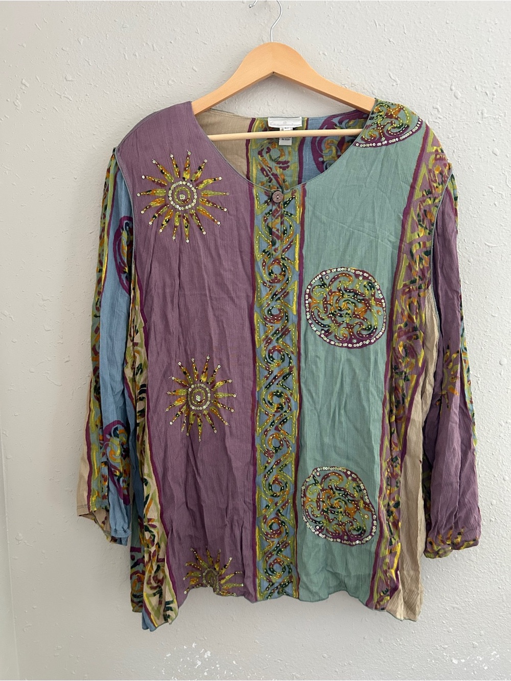 Soft Surroundings Lavender & Sage Embroidered Sequin Patchwork Blouse Boho 3X